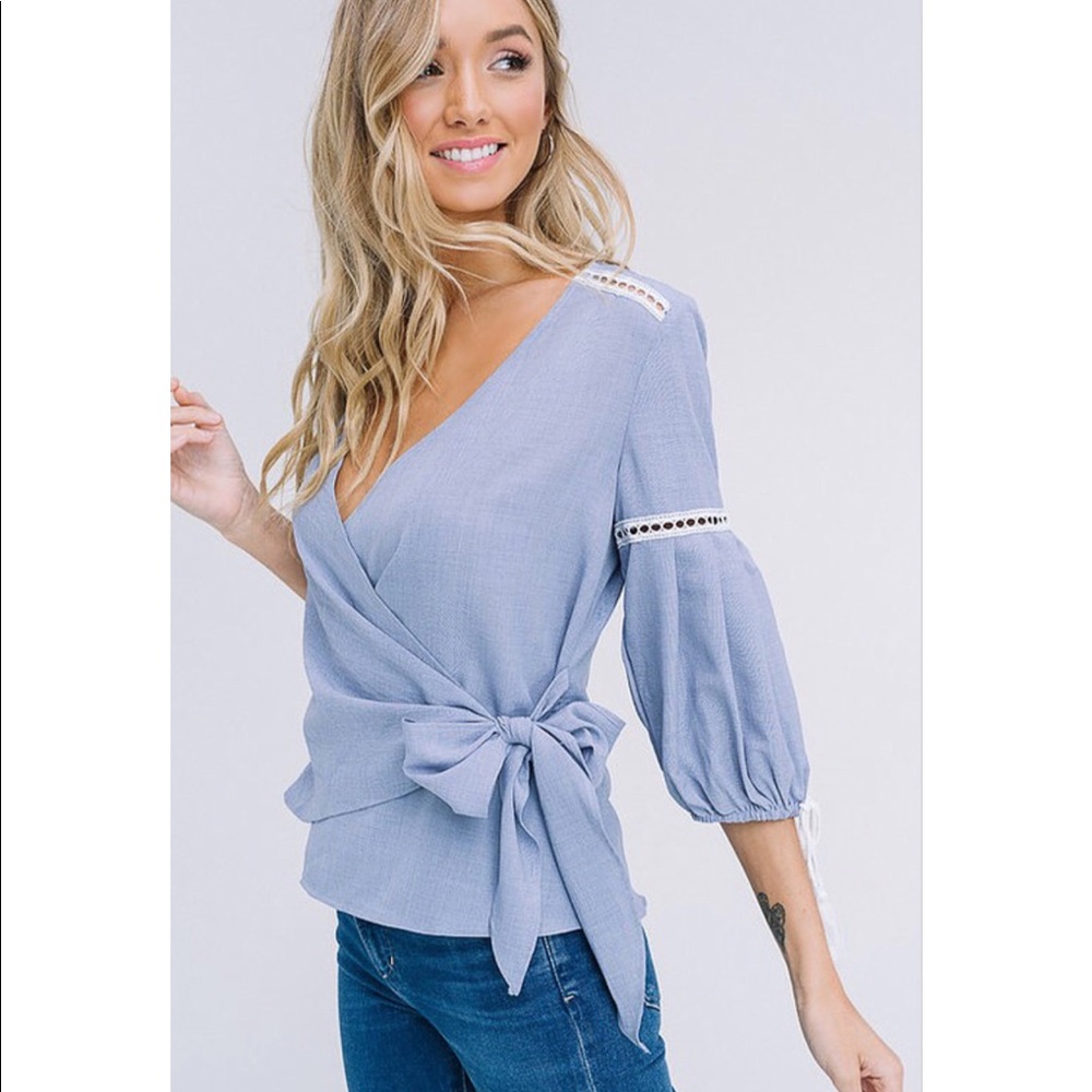 Light Blue Textured Woven Wrap Top - Picture 2 of 5